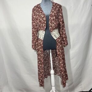 Vintage Jody California Cover Up Flower Print Flare Sleeve Womens Brown Sz L/XL